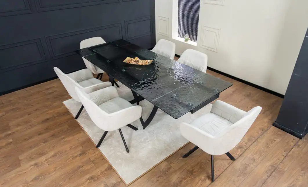 Set Masă Living Extensibilă CT241 Blat Sticlă Securizată Neagră cu 6 Scaune KJC3846 Bej 3