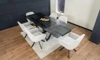 Set Masă Living Extensibilă CT241 Blat Sticlă Securizată Neagră cu 6 Scaune KJC3846 Bej 3