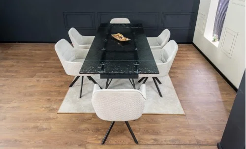 Set Masă Living Extensibilă CT241 Blat Sticlă Securizată Neagră cu 6 Scaune KJC3846 Bej