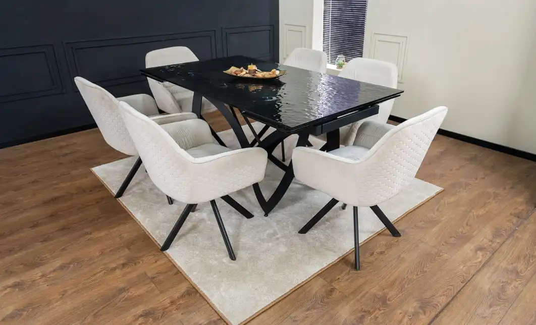 Set Masă Living Extensibilă CT241 Blat Sticlă Securizată Neagră cu 6 Scaune KJC3846 Bej