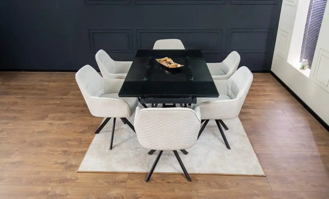 Set Masă Living Extensibilă CT241 Blat Sticlă Securizată Neagră cu 6 Scaune KJC3846 Bej 7