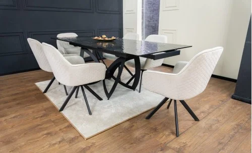 Set Masă Living Extensibilă CT241 Blat Sticlă Securizată Neagră cu 6 Scaune KJC3846 Bej