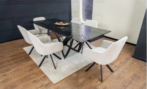 Set Masă Living Extensibilă CT241 Blat Sticlă Securizată Neagră cu 6 Scaune KJC3846 Bej