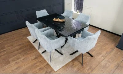 Set Masă Living Extensibilă CT241 Blat Sticlă Securizată Neagră cu 6 Scaune KJC385 Gri