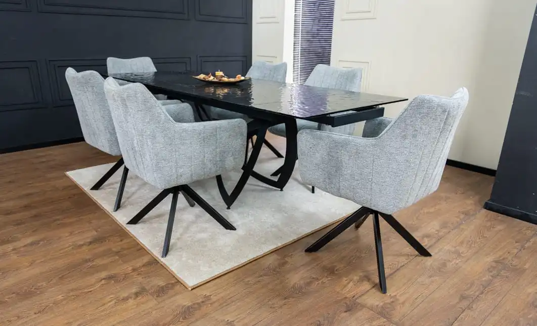 Set Masă Living Extensibilă CT241 Blat Sticlă Securizată Neagră cu 6 Scaune KJC385 Gri 3
