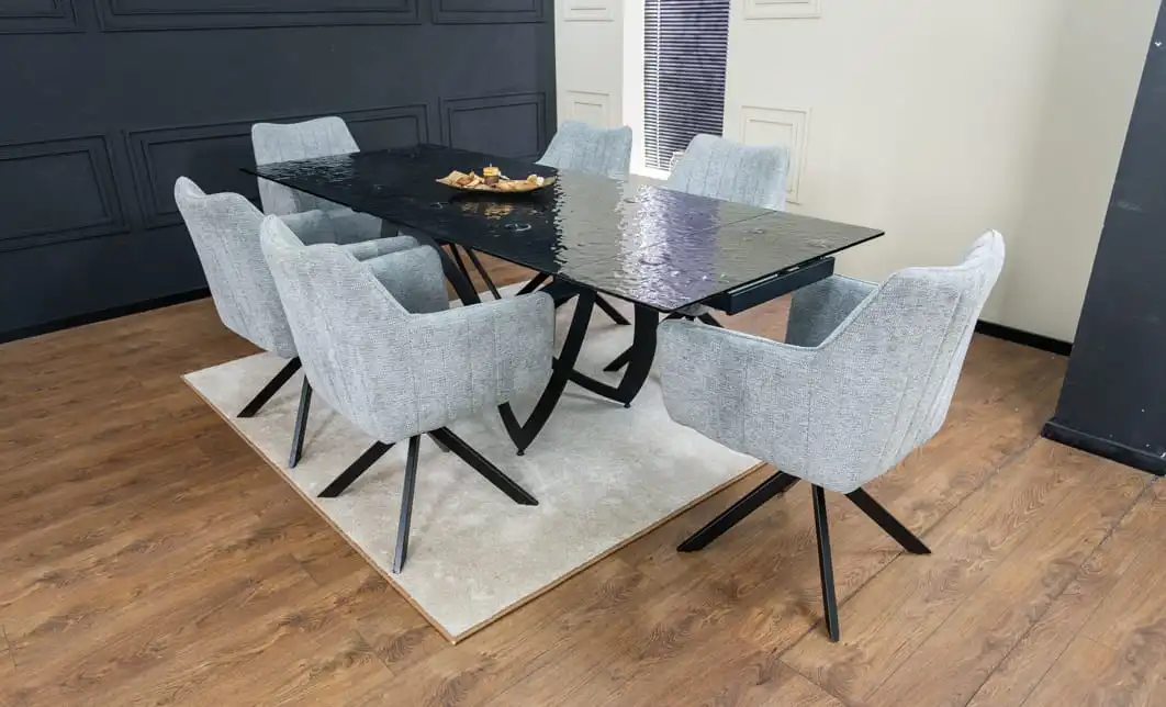 Set Masă Living Extensibilă CT241 Blat Sticlă Securizată Neagră cu 6 Scaune KJC385 Gri