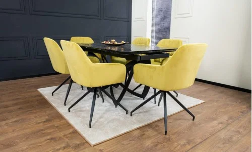 Set Masă Living Extensibilă CT241 Blat Sticlă Securizată Neagră cu 6 Scaune KJC4345 Muștar