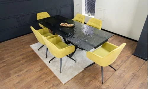 Set Masă Living Extensibilă CT241 Blat Sticlă Securizată Neagră cu 6 Scaune KJC4345 Muștar