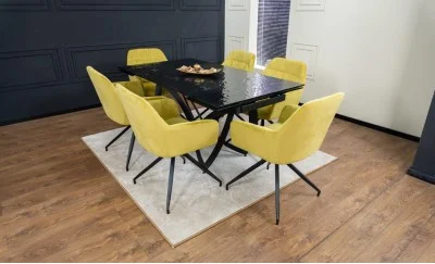Set Masă Living Extensibilă CT241 Blat Sticlă Securizată Neagră cu 6 Scaune KJC4345 Muștar