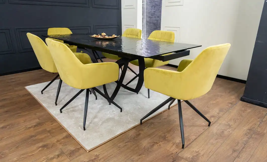 Set Masă Living Extensibilă CT241 Blat Sticlă Securizată Neagră cu 6 Scaune KJC4345 Muștar 4