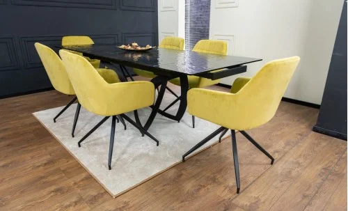 Set Masă Living Extensibilă CT241 Blat Sticlă Securizată Neagră cu 6 Scaune KJC4345 Muștar