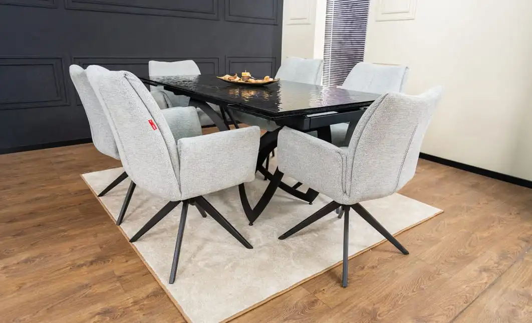 Set Masă Living Extensibilă CT241 Blat Sticlă Securizată Neagră cu 6 Scaune KJC77 Gri Deschis 2