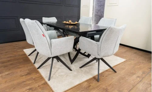 Set Masă Living Extensibilă CT241 Blat Sticlă Securizată Neagră cu 6 Scaune KJC77 Gri Deschis