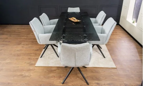 Set Masă Living Extensibilă CT241 Blat Sticlă Securizată Neagră cu 6 Scaune KJC77 Gri Deschis