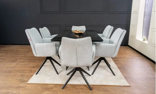 Set Masă Living Extensibilă CT241 Blat Sticlă Securizată Neagră cu 6 Scaune KJC77 Gri Deschis