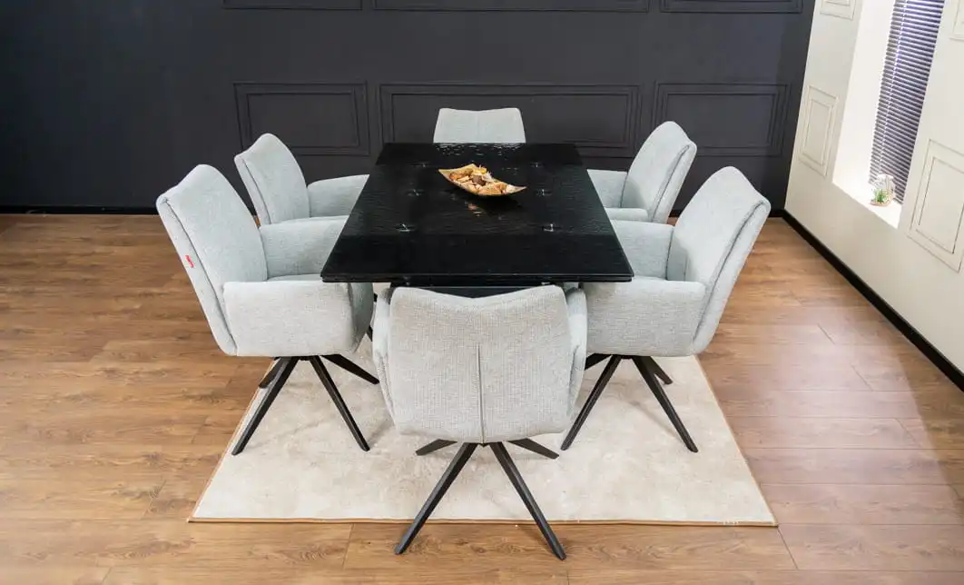 Set Masă Living Extensibilă CT241 Blat Sticlă Securizată Neagră cu 6 Scaune KJC77 Gri Deschis 6