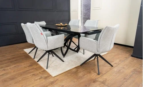 Set Masă Living Extensibilă CT241 Blat Sticlă Securizată Neagră cu 6 Scaune KJC77 Gri Deschis