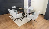 Set Masă Living Extensibilă CT241 Blat Sticlă Securizată Neagră cu 6 Scaune KJC77 Gri Deschis