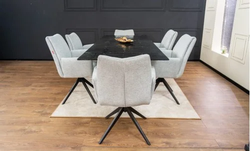 Set Masă Living Extensibilă CT241 Blat Sticlă Securizată Neagră cu 6 Scaune KJC77 Gri Deschis
