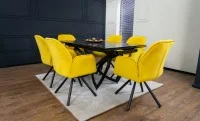 Set Masă Living Extensibilă CT241 Blat Sticlă Securizată Neagră cu 6 Scaune KJC80 Galbene 2