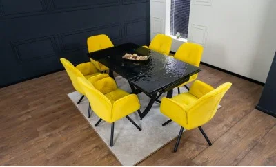 Set Masă Living Extensibilă CT241 Blat Sticlă Securizată Neagră cu 6 Scaune KJC80 Galbene