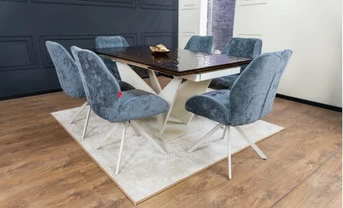 Set Masă Living Extensibilă CT242 Blat Sticlă Securizată cu 6 Scaune Tapițate DCM0104CS Gri
