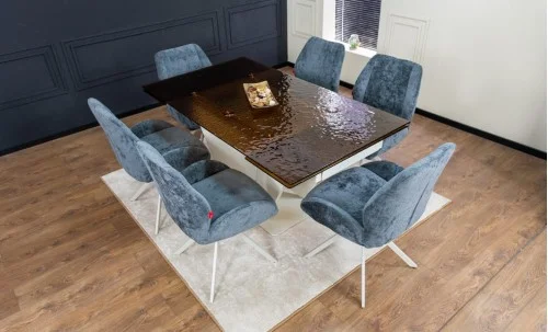 Set Masă Living Extensibilă CT242 Blat Sticlă Securizată cu 6 Scaune Tapițate DCM0104CS Gri