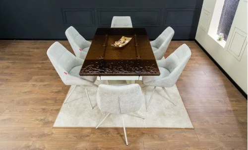 Set Masă Living Extensibilă CT242 Blat Sticlă Securizată cu 6 Scaune DCM0108CS Gri Deschis