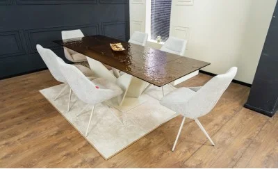 Set Masă Living Extensibilă CT242 Blat Sticlă Securizată cu 6 Scaune DCM0108CS Gri Deschis