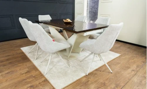 Set Masă Living Extensibilă CT242 Blat Sticlă Securizată cu 6 Scaune DCM0108CS Gri Deschis