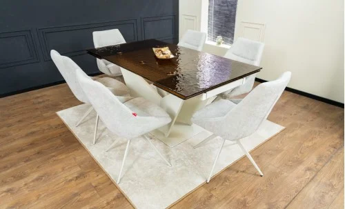 Set Masă Living Extensibilă CT242 Blat Sticlă Securizată cu 6 Scaune DCM0108CS Gri Deschis