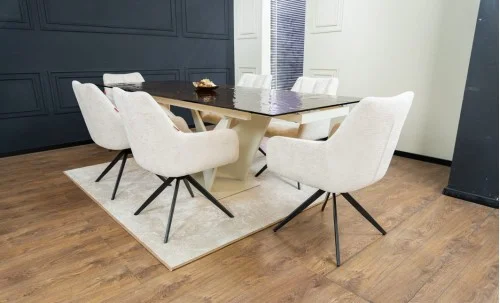 Set Masă Living Extensibilă CT242 Blat Sticlă Securizată cu 6 Scaune DCM0112AS Bej