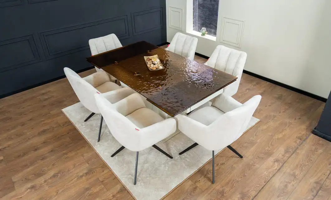 Set Masă Living Extensibilă CT242 Blat Sticlă Securizată cu 6 Scaune DCM0112AS Bej 3