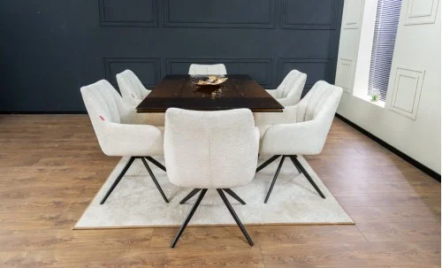 Set Masă Living Extensibilă CT242 Blat Sticlă Securizată cu 6 Scaune DCM0112AS Bej