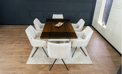 Set Masă Living Extensibilă CT242 Blat Sticlă Securizată cu 6 Scaune DCM0112AS Bej
