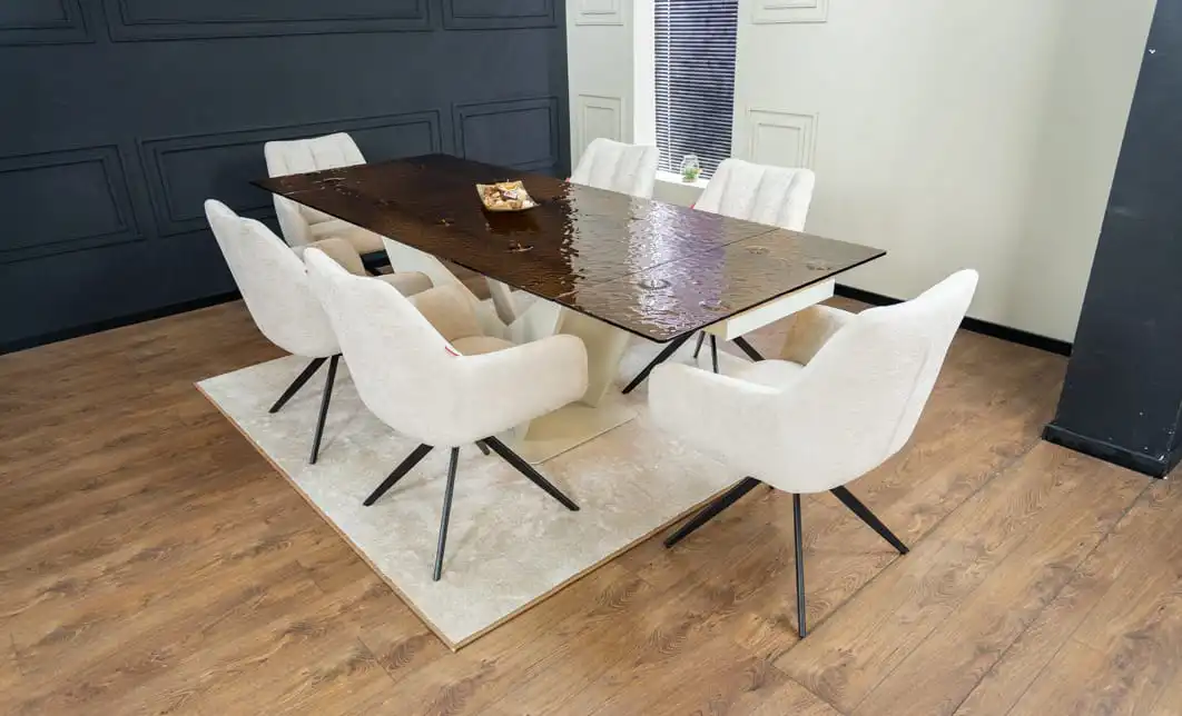 Set Masă Living Extensibilă CT242 Blat Sticlă Securizată cu 6 Scaune DCM0112AS Bej