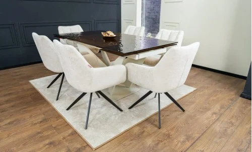 Set Masă Living Extensibilă CT242 Blat Sticlă Securizată cu 6 Scaune DCM0112AS Bej