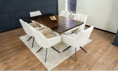Set Masă Living Extensibilă CT242 Blat Sticlă Securizată cu 6 Scaune DCM0112AS Bej