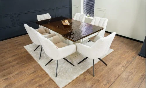 Set Masă Living Extensibilă CT242 Blat Sticlă Securizată cu 6 Scaune DCM0112AS Bej