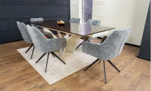 Set Masă Living Extensibilă CT242 Blat Sticlă Securizată cu 6 Scaune DCM0112AS Gri