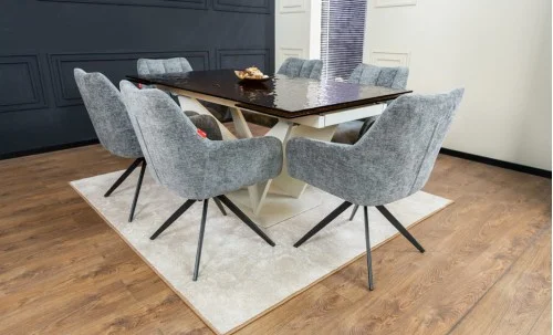 Set Masă Living Extensibilă CT242 Blat Sticlă Securizată cu 6 Scaune DCM0112AS Gri