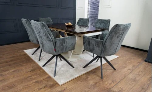 Set Masă Living Extensibilă CT242 Blat Sticlă Securizată cu 6 Scaune DCM0601AS Gri Închis