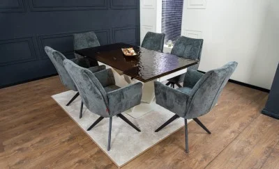 Set Masă Living Extensibilă CT242 Blat Sticlă Securizată cu 6 Scaune DCM0601AS Gri Închis
