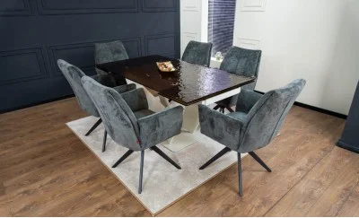 Set Masă Living Extensibilă CT242 Blat Sticlă Securizată cu 6 Scaune DCM0601AS Gri Închis
