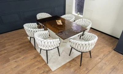 Set Masă Living Extensibilă CT242 Blat Sticlă Securizată cu 6 Scaune KJC11 Bej