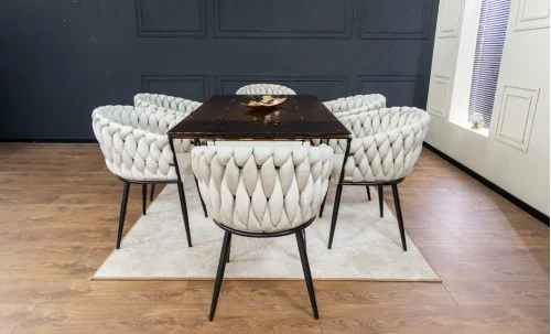 Set Masă Living Extensibilă CT242 Blat Sticlă Securizată cu 6 Scaune KJC11 Bej