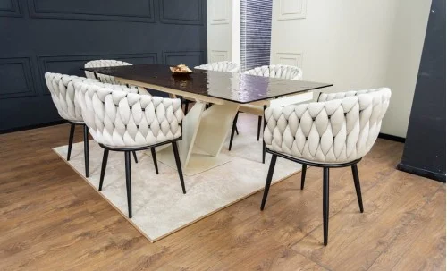 Set Masă Living Extensibilă CT242 Blat Sticlă Securizată cu 6 Scaune KJC11 Bej