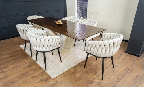 Set Masă Living Extensibilă CT242 Blat Sticlă Securizată cu 6 Scaune KJC11 Bej