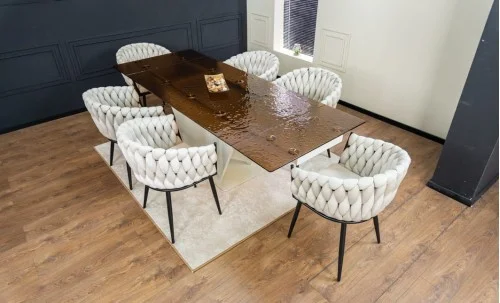 Set Masă Living Extensibilă CT242 Blat Sticlă Securizată cu 6 Scaune KJC11 Bej