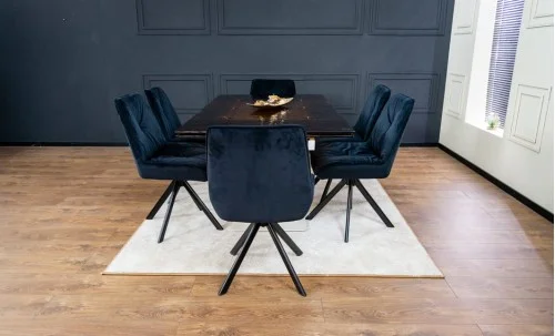 Set Masă Living Extensibilă CT242 Blat Sticlă Securizată cu 6 Scaune KJC356 Negre